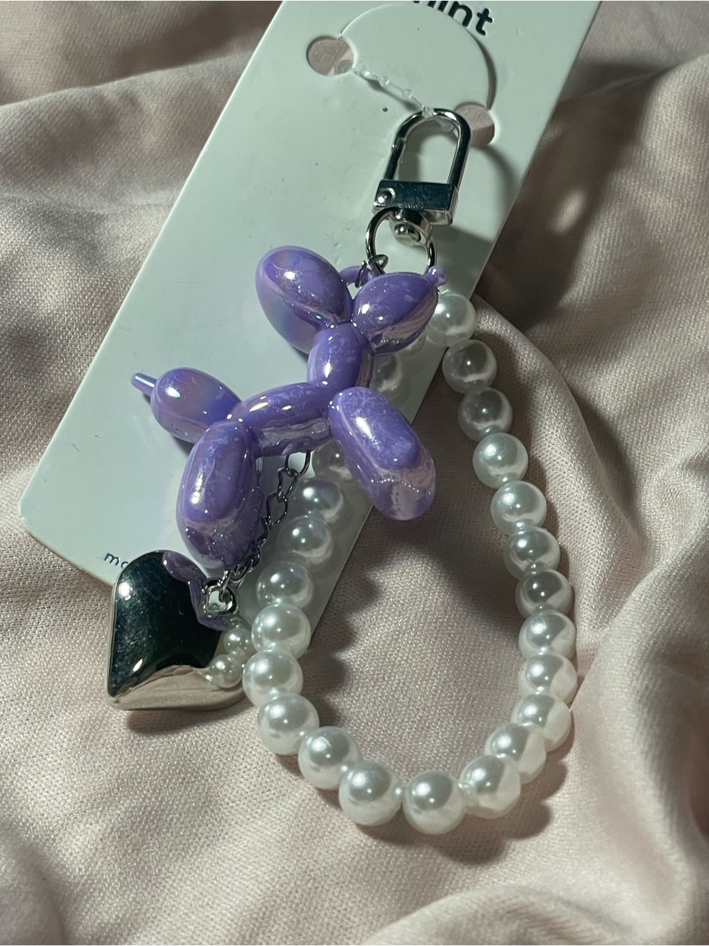Mint Purple Balloon Dog Pearl Heart Keychain